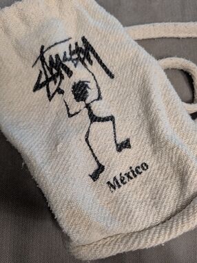 Stussy Cream Drawstring Terry Cloth Pouch with Black Graphic